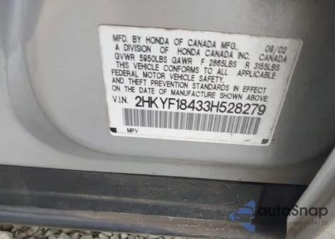 2003 Honda Pilot Ex from USA, damaged, VIN 2HKYF18433H528279